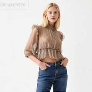 Meet me in Santorini NWT Elegant Sheer Ruffle Blouse - Tan with gold accents
